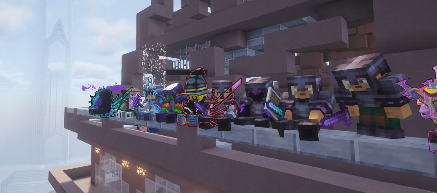 A crowd of CosmosMC players in cosmetics and armor lined up at a community event