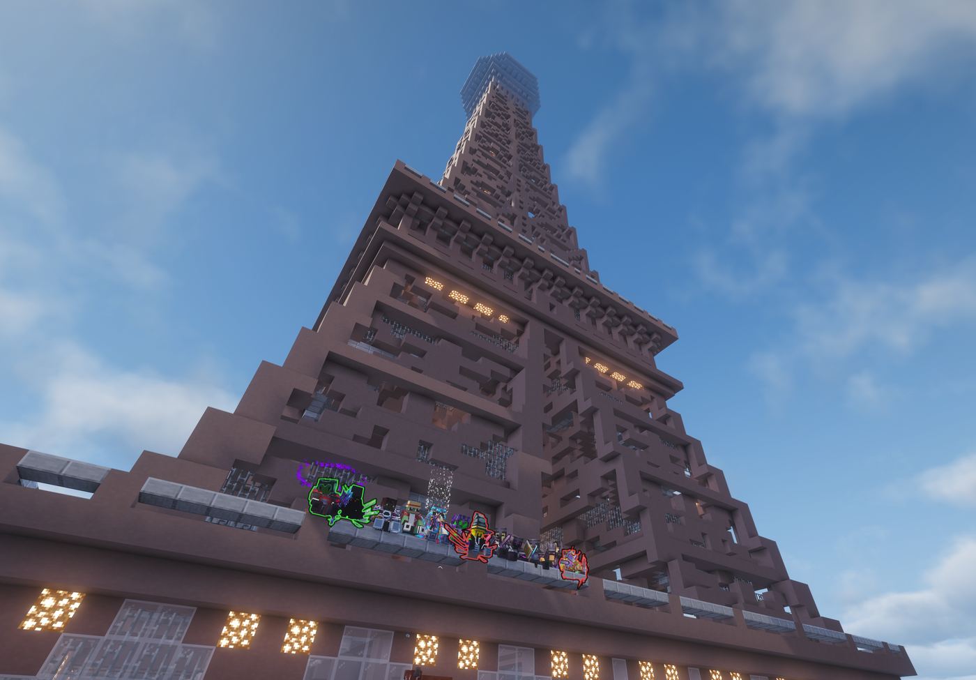 A huge player-built Eiffel Tower on the CosmosMC Earth SMP, seen from its viewing deck