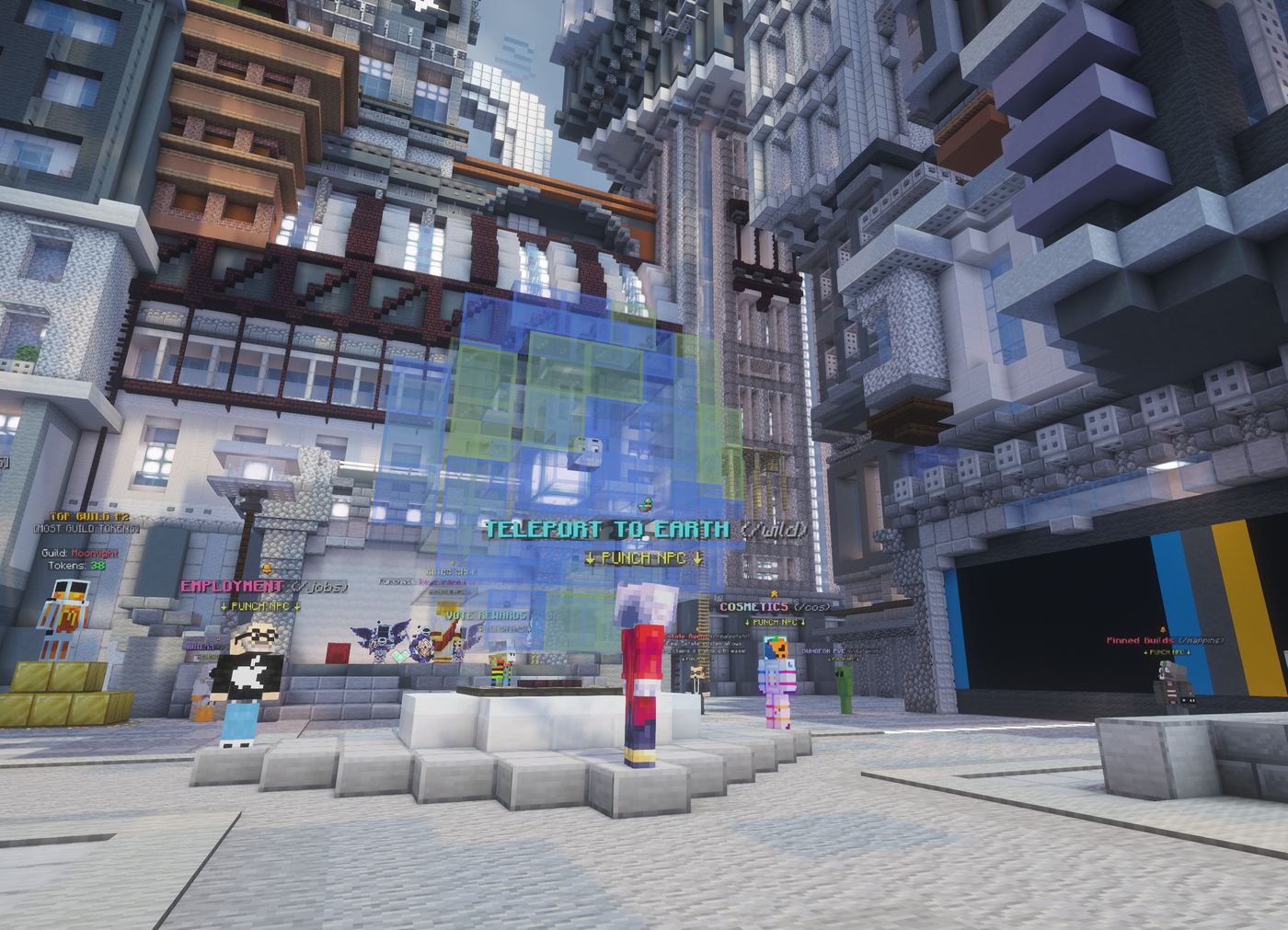 The CosmosMC Earth SMP spawn plaza, surrounded by player-built towers, with teleport, jobs, and vote NPCs