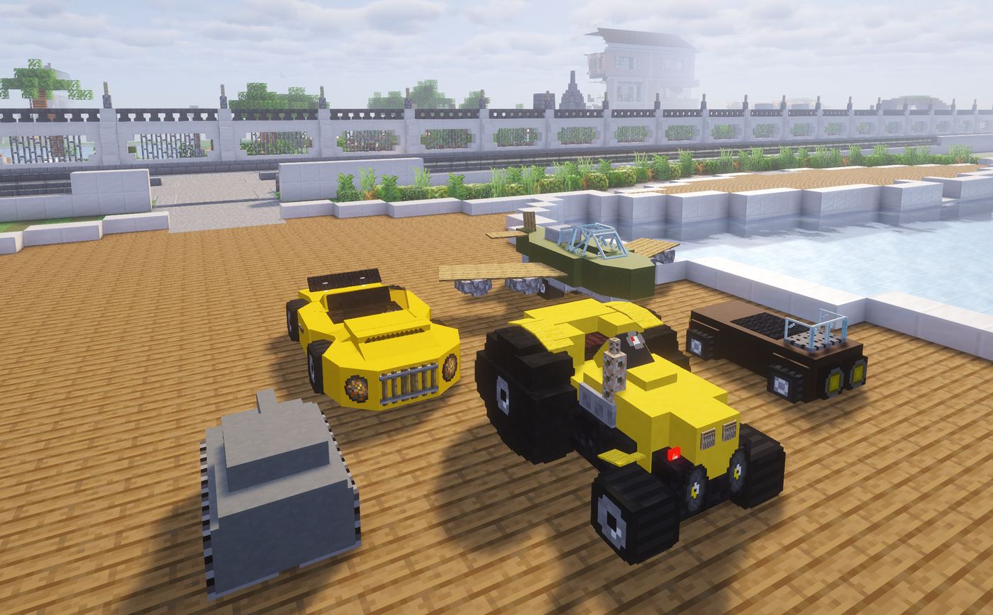 A race car, tractor, tank, pickup, and plane parked at the docks on CosmosMC