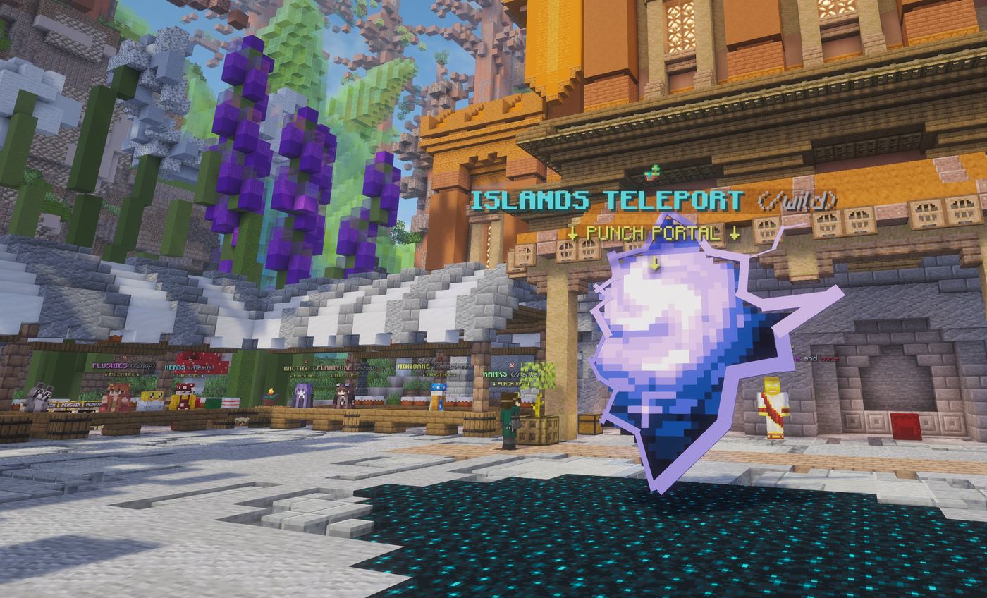 The CosmosMC Islands SMP spawn with a giant glowing biome fractal floating above the teleport portal