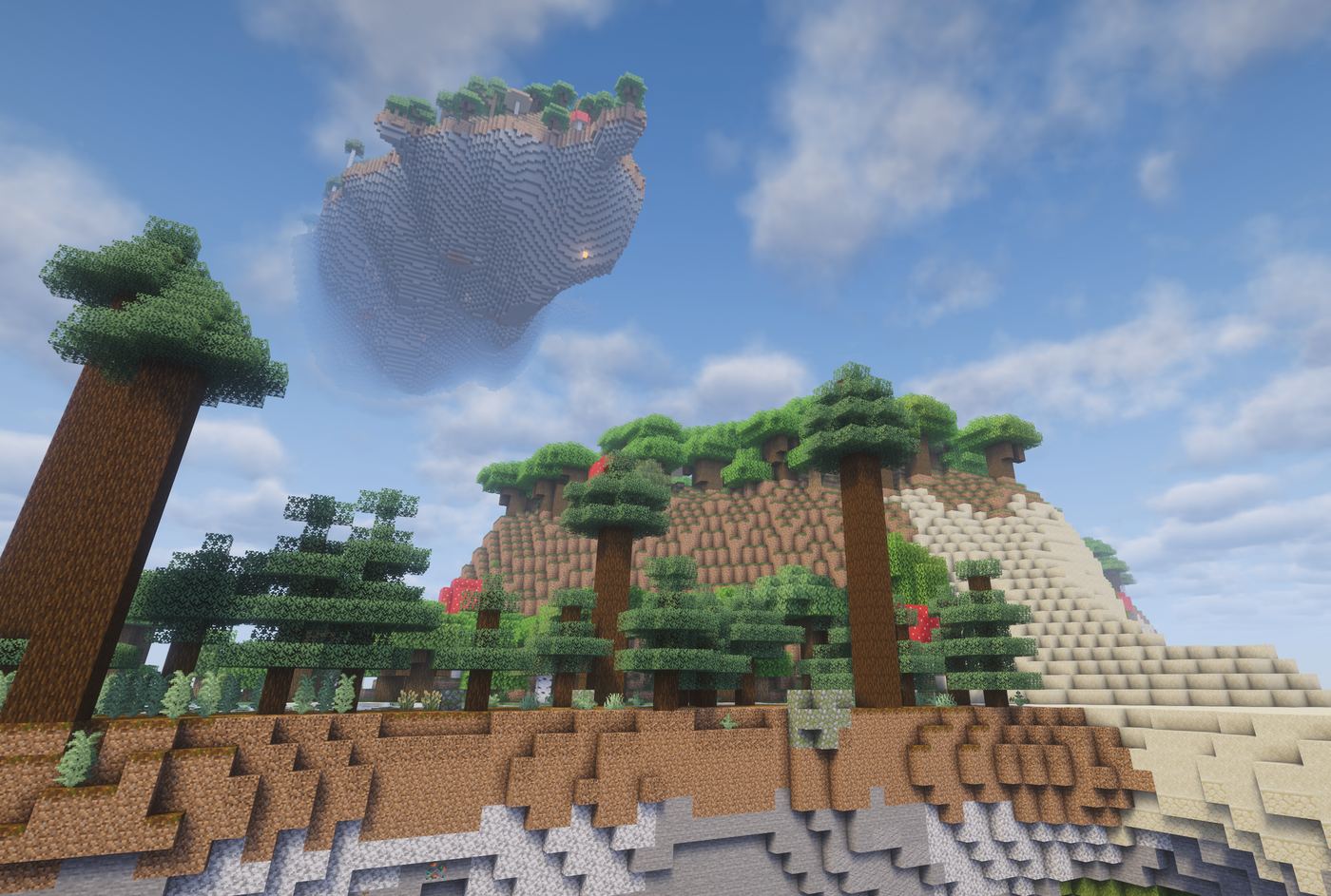 Forested floating islands on CosmosMC Islands SMP with another island hanging in the clouds above