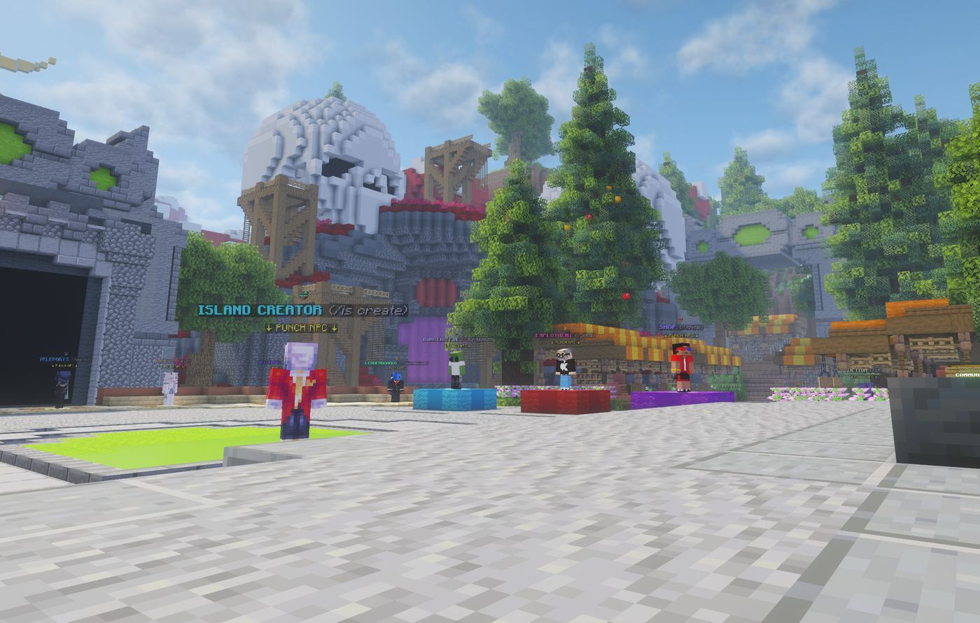 The CosmosMC OneBlock spawn plaza with the Island Creator NPC and a skull mountain