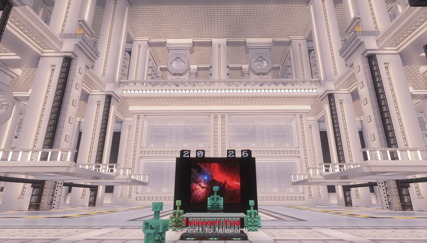 A massive futuristic white hall with a teleport pad, built by a CosmosMC Survival player