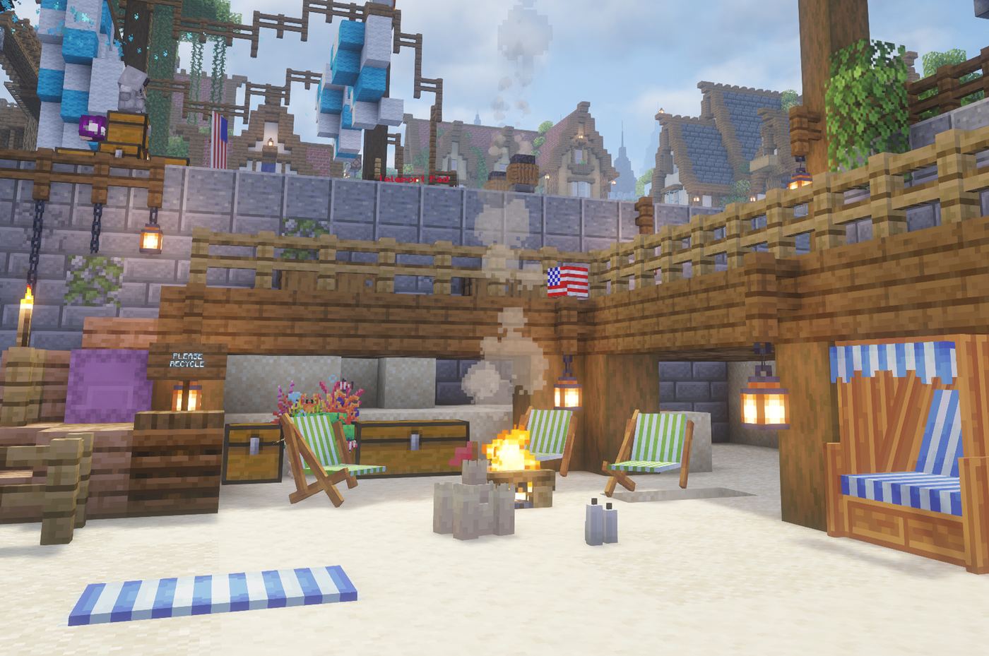 A cozy player-built beach resort with striped chairs and a campfire on CosmosMC Survival