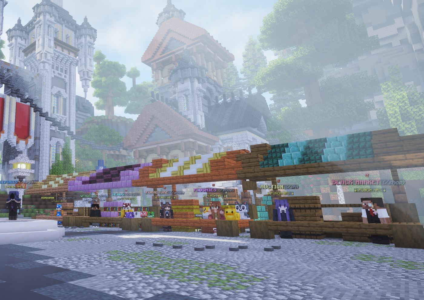 The CosmosMC Survival spawn castle with a market street of NPC stalls for vehicles, furniture, and auctions